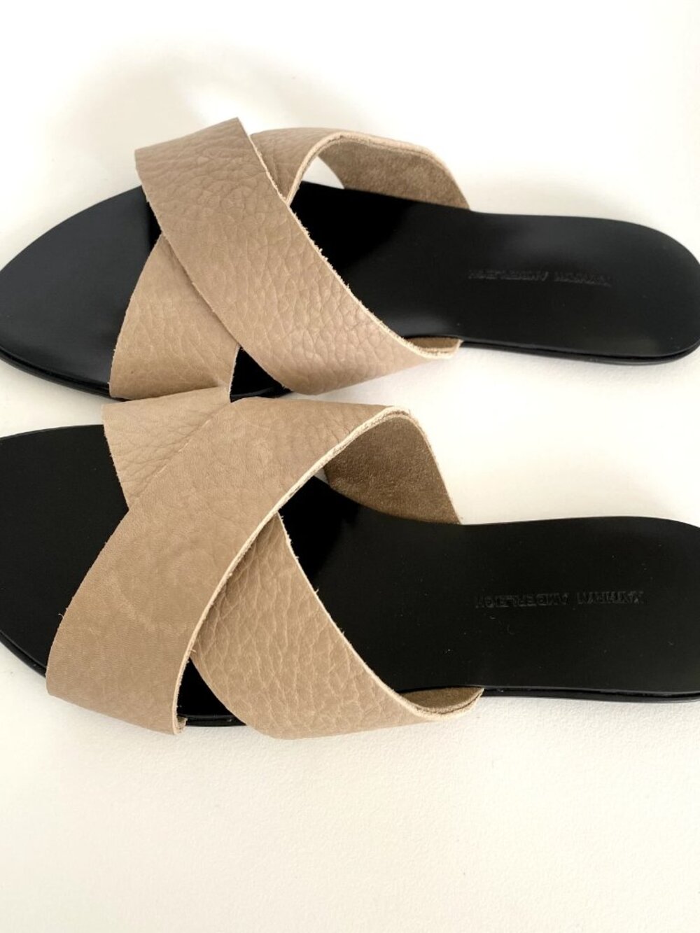 New HANDMADE Beige Genuine Leather Flat Slides Slippers Sandals NYC Designer